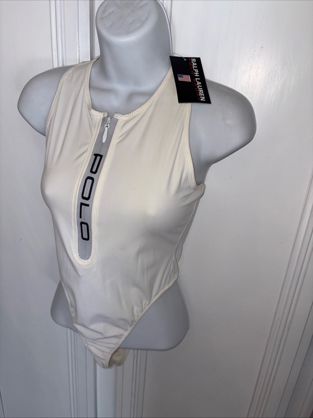 NWT Ralph Lauren Polo Sport Zipper Logo White  Womens Swimsuit Sz S RARE